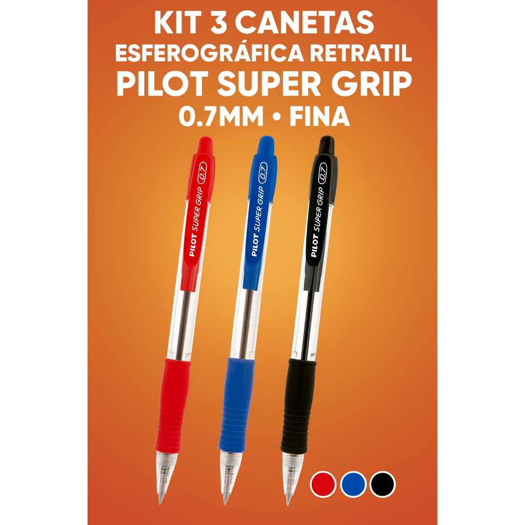 Kit 3 Canetas Esferográficas Retrátil Pilot Super Grip 0.7mm Fina  Conforto Escrita Macia