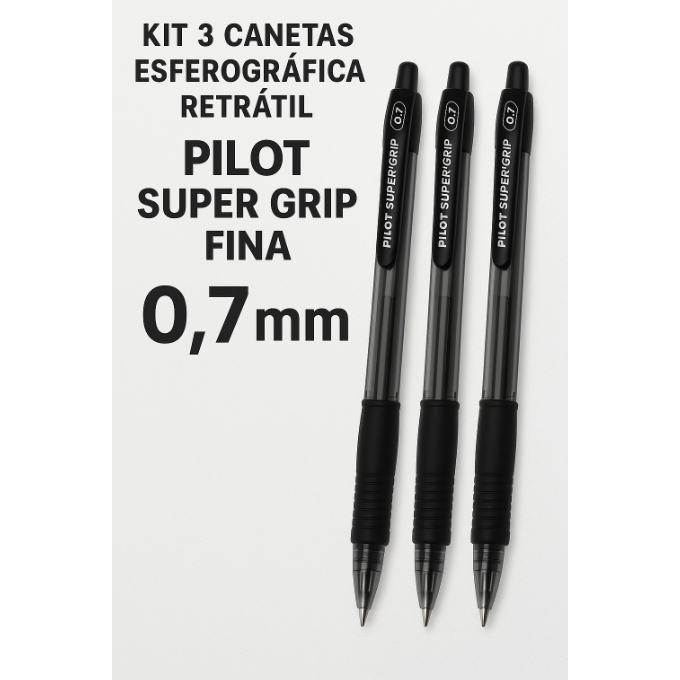 Kit 3 Canetas Esferográficas Retrátil Pilot Super Grip 0.7mm Fina  Conforto Escrita Macia