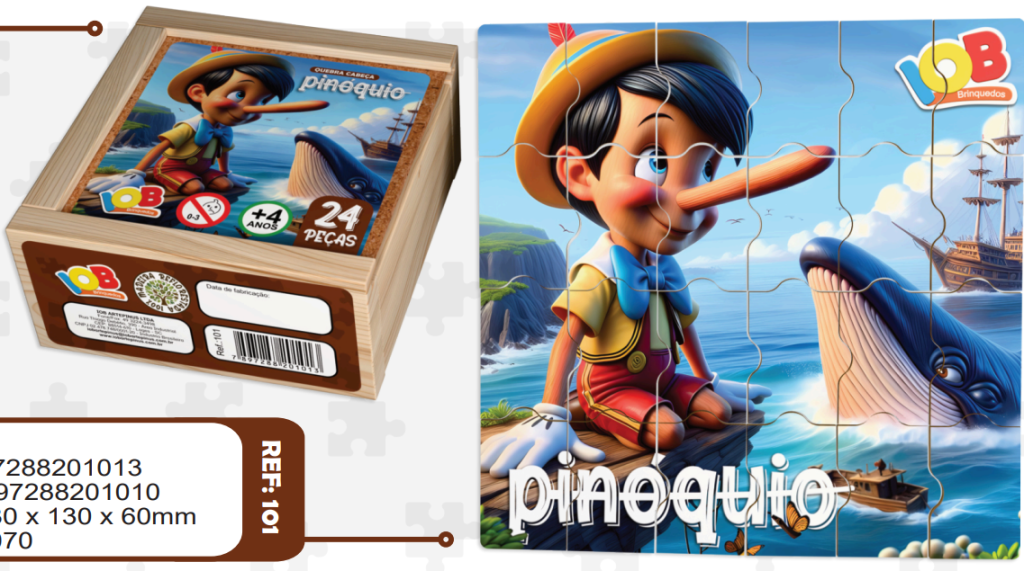 QUEBRA CABECA 24PECAS - PINOQUIO  - CAIXA DE MADEIRA - C101 - IOB