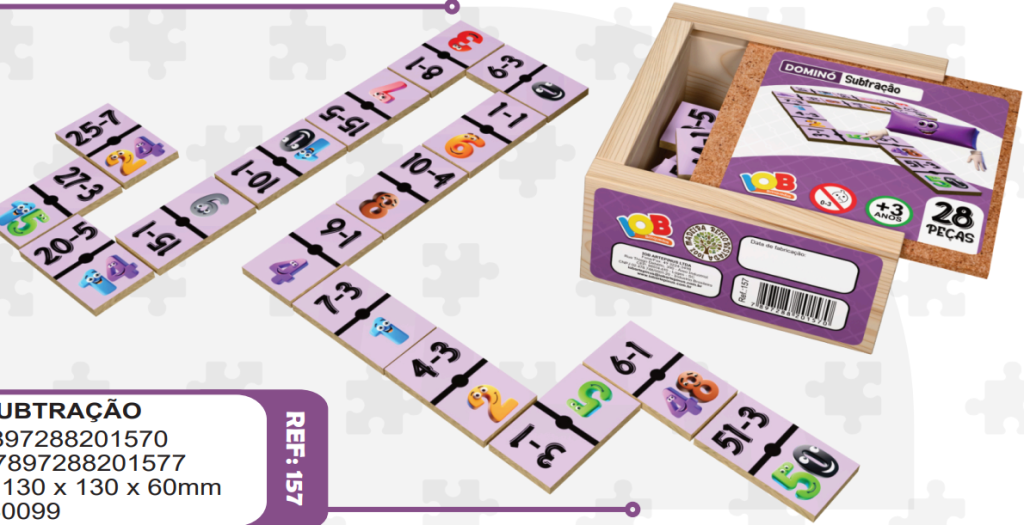 DOMINO PEDAGOGICO 28PCS - SUBTRACAO - CAIXA DE MADEIRA - C157 - IOB