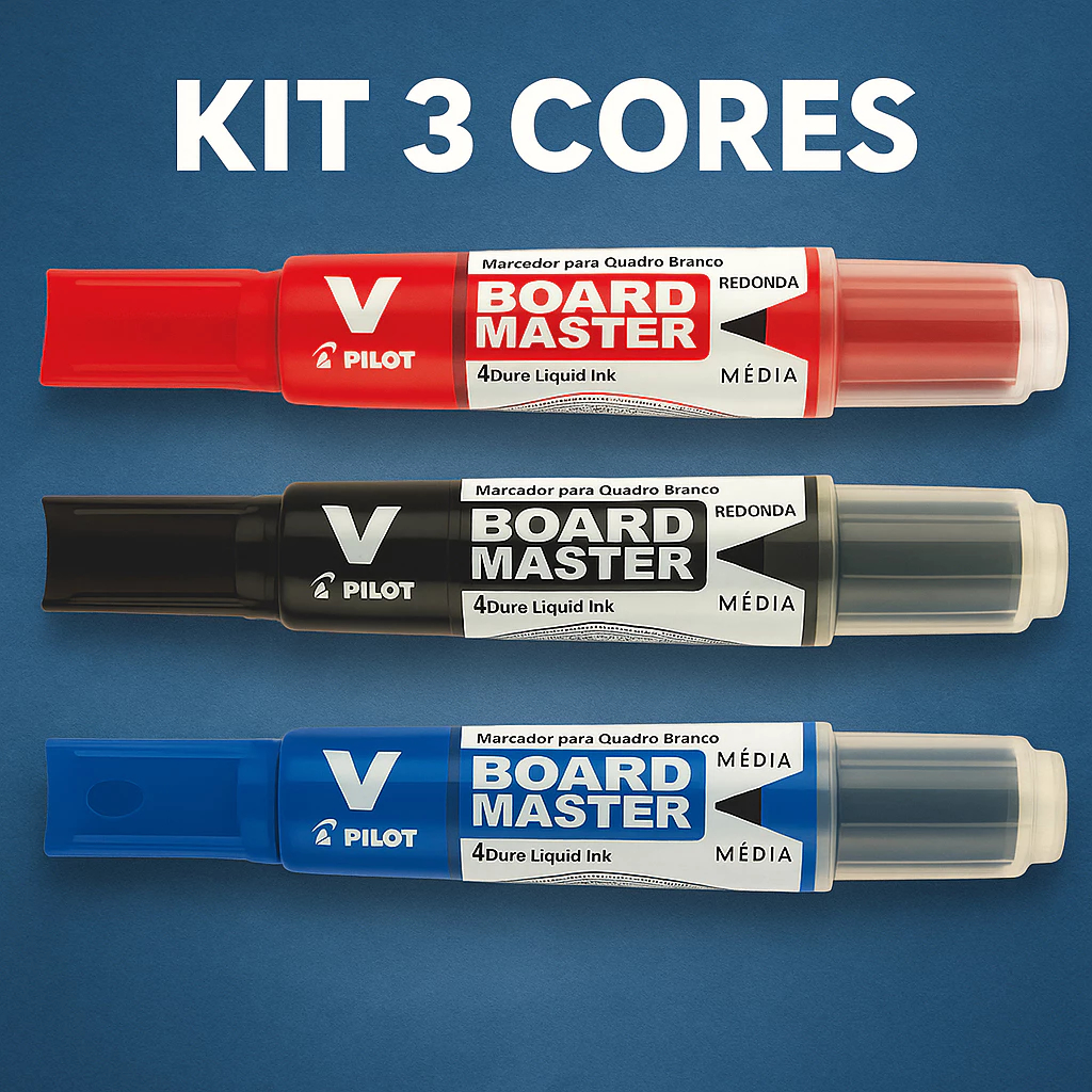 Kit 3 Pincel Marcador Quadro Branco Pilot V-Board Master Azul Preto Vermelho Recarregável