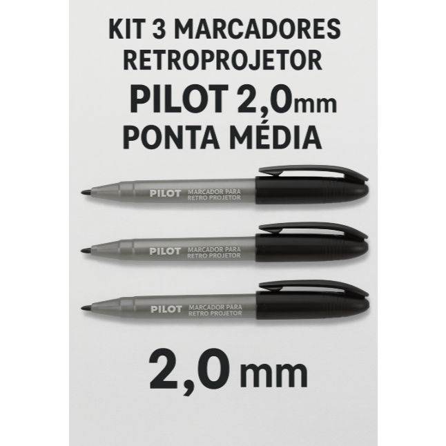 Kit 3 Marcadores Retroprojetor Pilot 2.0mm Ponta Média Preto Azul Vermelho Transparência Acetato Escritório Escola