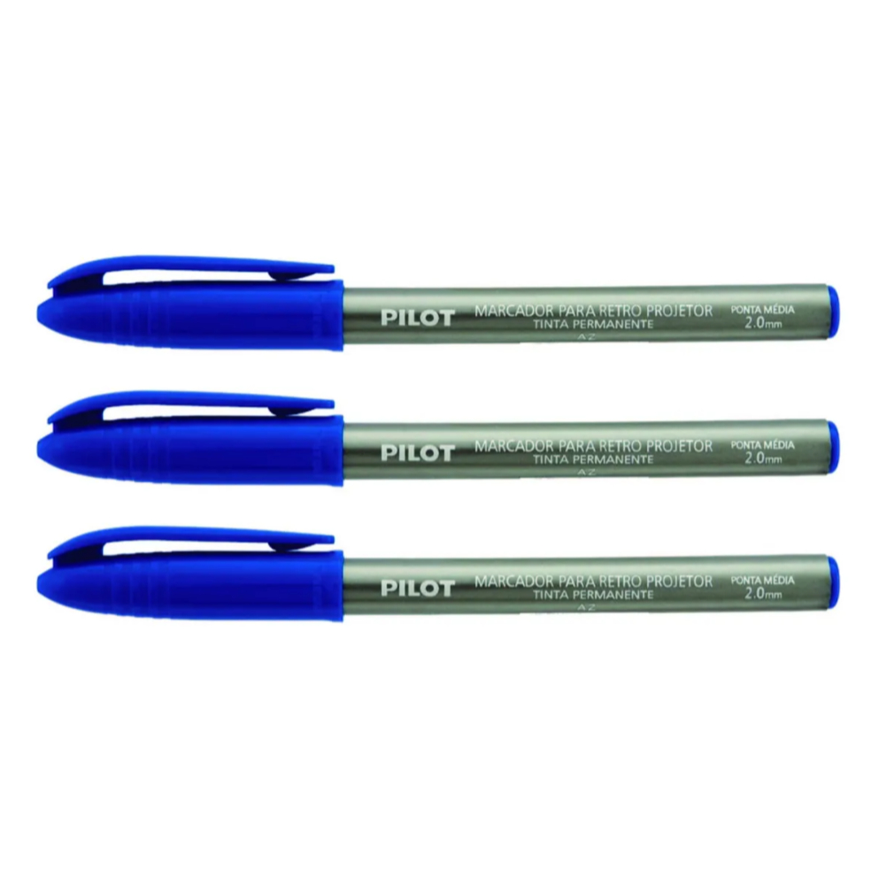 Kit 3 Marcadores Retroprojetor Pilot 2.0mm Ponta Média Preto Azul Vermelho Transparência Acetato Escritório Escola