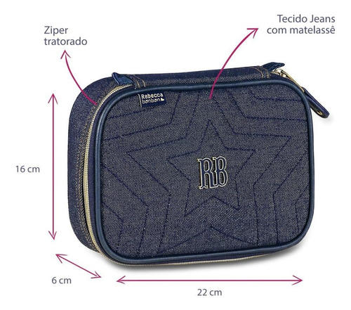 Estojo Box Escolar Juvenil 36 Pens Jeans Rebecca Bonbon Clio Azul-marinho Liso