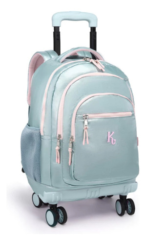 Mochila Kika Feminina Tactel Metalizada Rodinha 360° Escolar Verde Com Rosa Metalizado