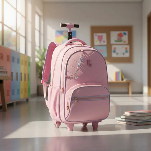 Mochila De Rodinhas E Alça Kika 2681 Juvenil/infantil 18,5 Rosa Bordado