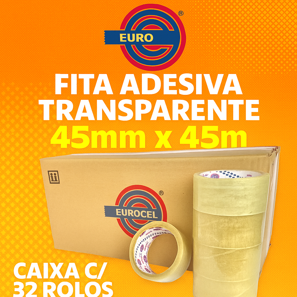 Fita Adesiva Transparente Euro 45mm x 45m Caixa C 32 Rolos – Durex Embalagem Pacotes Caixas