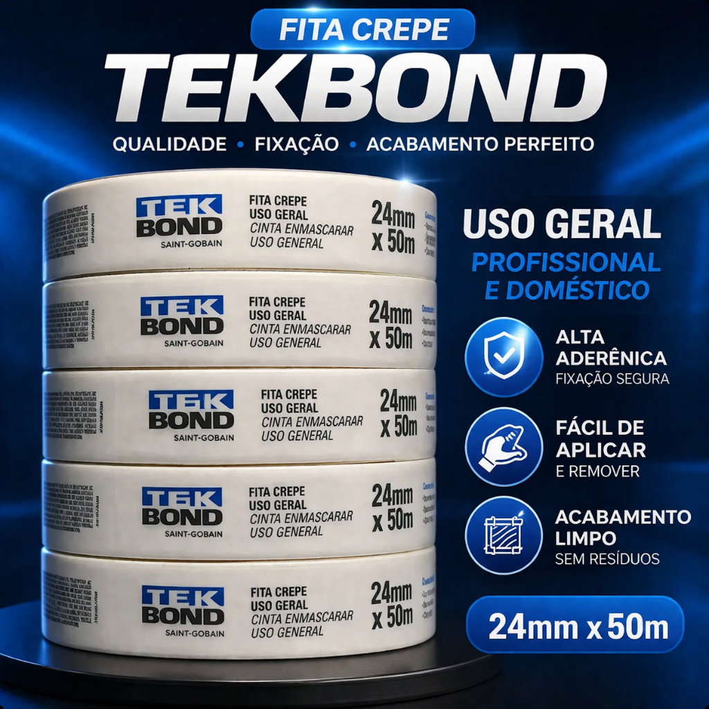 Fita Crepe Tekbond 24mm x 50m – Pct c/5 Un – Alta Aderência, Pintura e Uso Geral