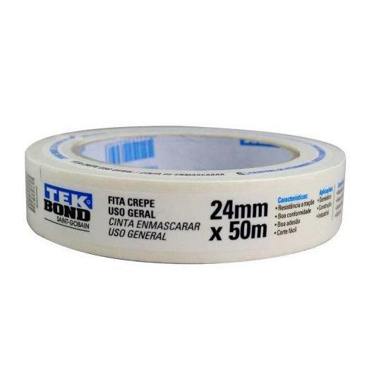 Fita Crepe Tekbond 24mm x 50m – Pct c/5 Un – Alta Aderência, Pintura e Uso Geral