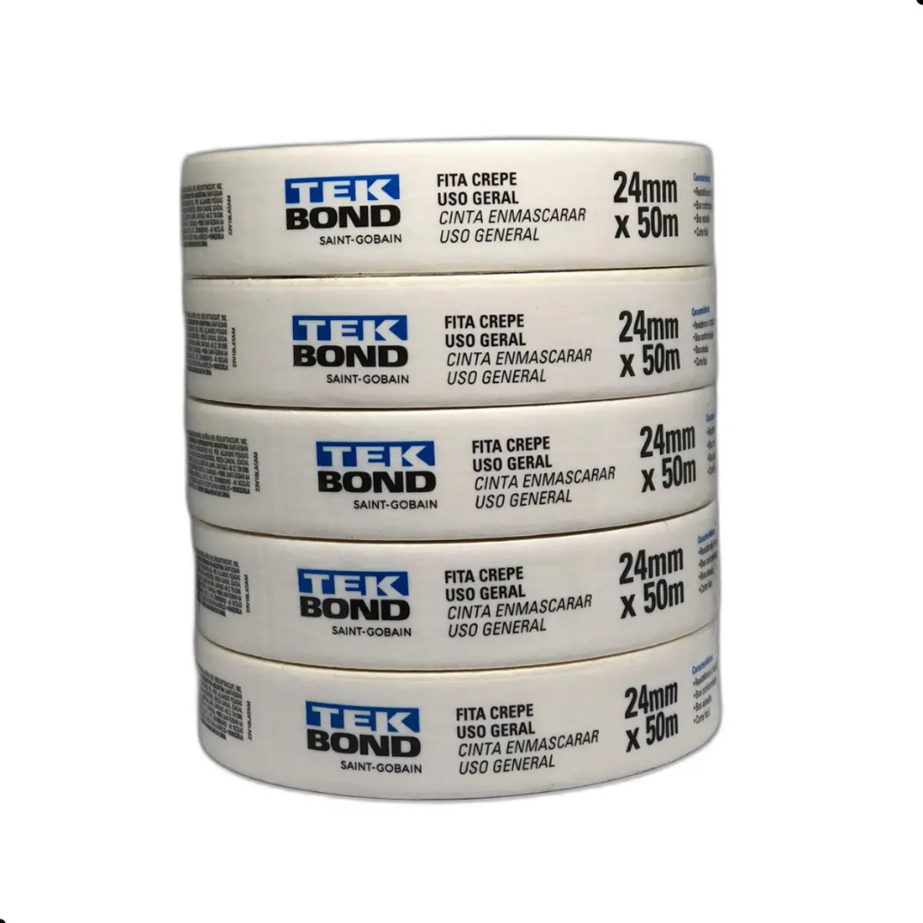 Fita Crepe Tekbond 24mm x 50m – Pct c/5 Un – Alta Aderência, Pintura e Uso Geral