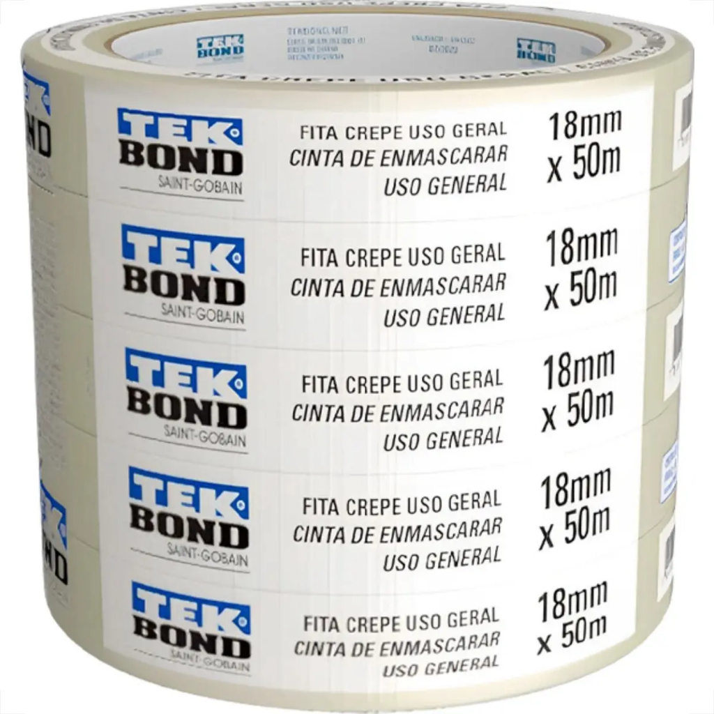 Fita Crepe Tekbond 24mm x 50m – Pct c/5 Un – Alta Aderência, Pintura e Uso Geral