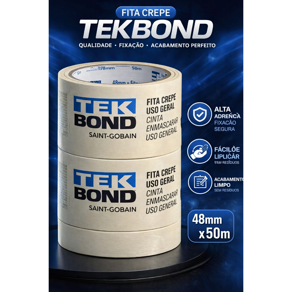 Fita Crepe Tekbond 24mm x 50m – Pct c/5 Un – Alta Aderência, Pintura e Uso Geral