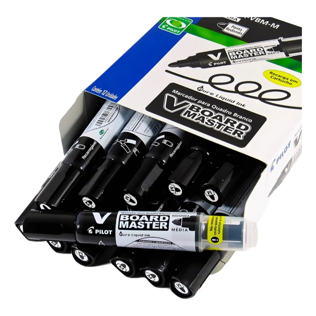 Kit 12 Marcadores Pilot V Board Master Quadro Branco Recarregável –Pincel Atômico Escolar Escritório