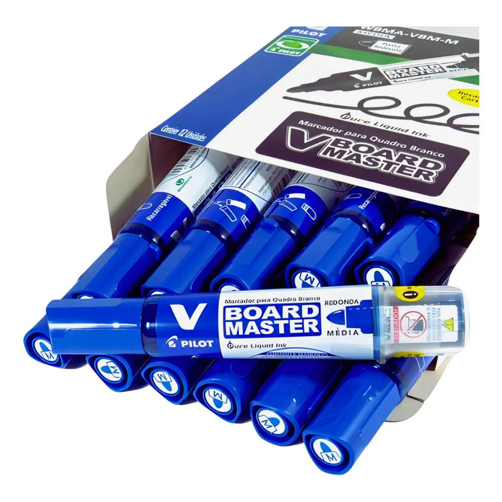 Kit 12 Marcadores Pilot V Board Master Quadro Branco Recarregável –Pincel Atômico Escolar Escritório