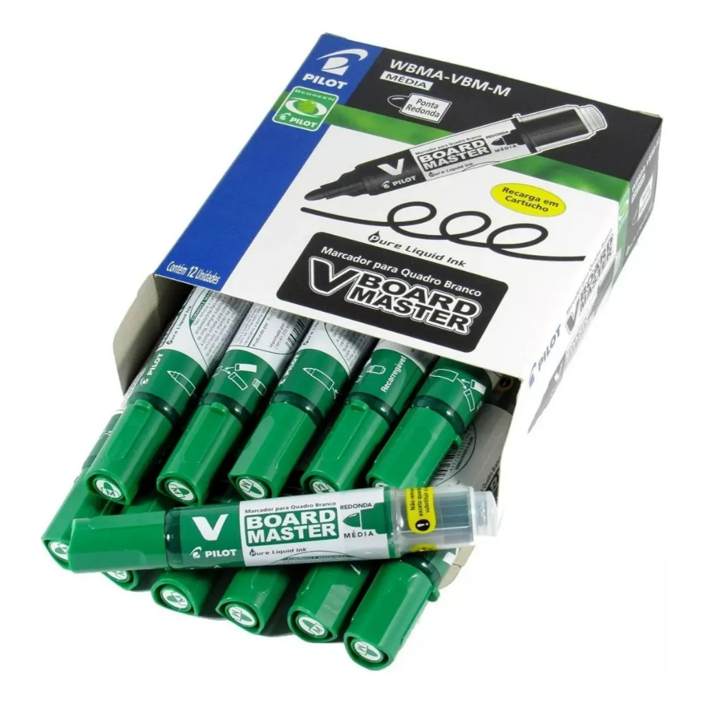 Kit 12 Marcadores Pilot V Board Master Quadro Branco Recarregável –Pincel Atômico Escolar Escritório