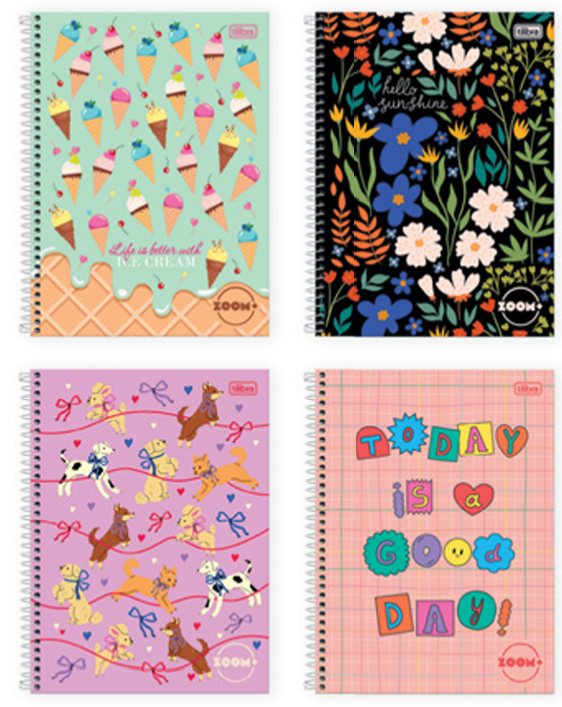 CADERNO 1/4 ESPIRAL  CD 96Fls - PCT C/ 4 UN - ZOOM+ FEM - 399558 - TILIBRA