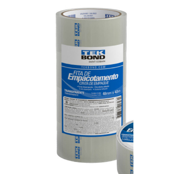 Fita Adesiva Transparente Tekbond 48mm x 40m – Pct c/4 Un – Fita Embalagem Forte, Resistência e Alta Aderência