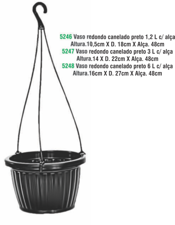 VASO REDONDO CANELADO PRETO 6 L C/ ALCA