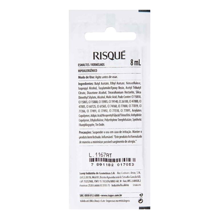 ESMALTE RISQUÉ CREMOSO VERMELHO CARMIM BLISTER 8ML