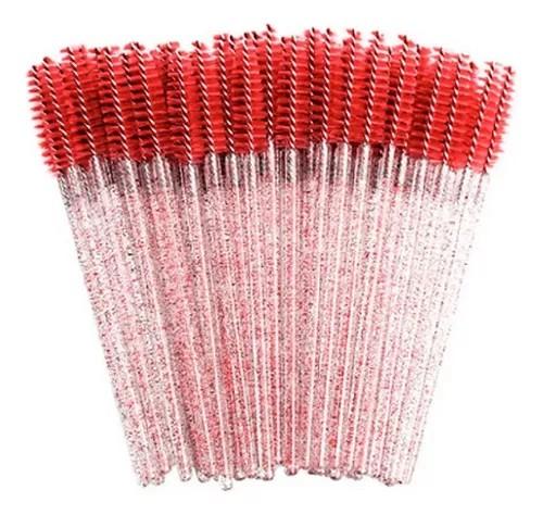 ESCOVINHA COM GLITTER VERMELHO DESCARTÁVEL PARA EXTENSAO DE CILIOS E SOBRANCELHAS COM 50 UNIDADES