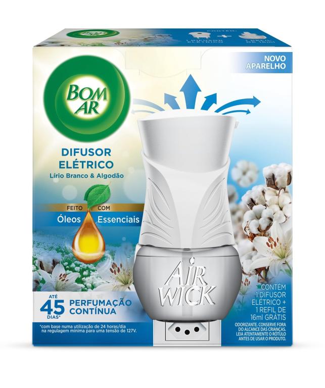 Difusor Elétrico Odorizante (Aparelho + Refil), Lírio Branco e Algodão, BOM AR