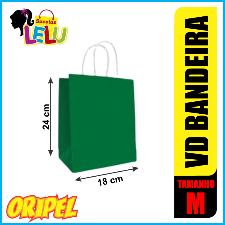 SACOLA PAPEL VERDE BANDEIRA 18X9X24CM LELU SACOLAS 10 UN