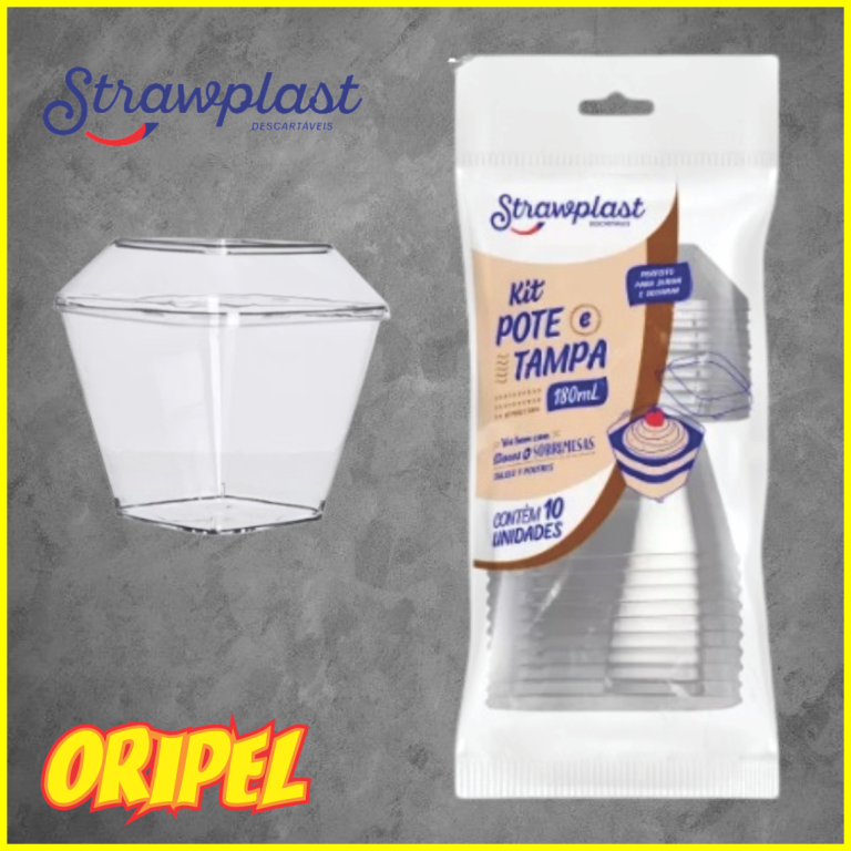 KIT POTE/TAMPA QUADRADO 180ML CRISTAL STRAWPLAST 10 UN