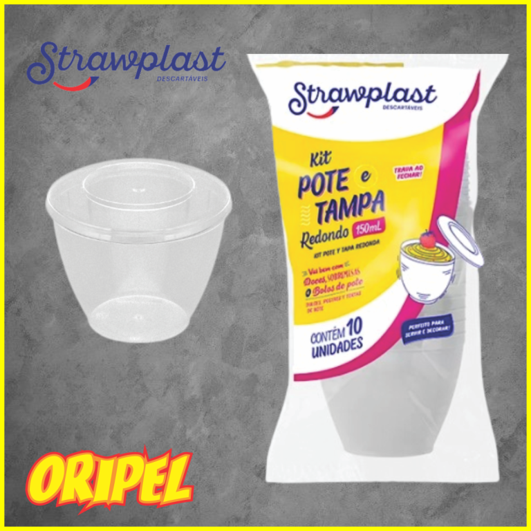 KIT POTE/TAMPA REDONDO 150ML CRISTAL STRAWPLAST 10 UN