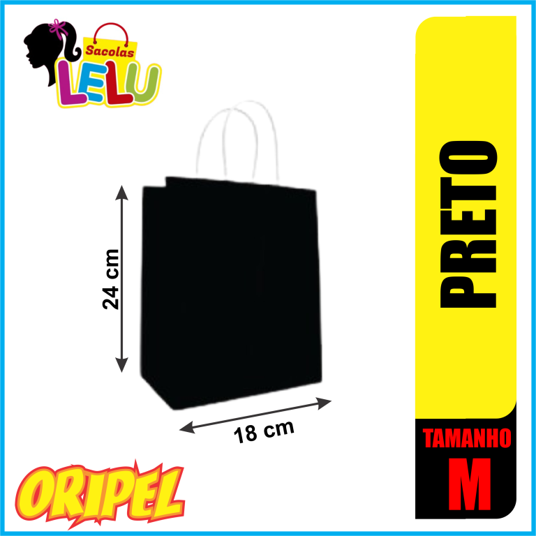 SACOLA PAPEL PRETA 18X9X24CM LELU SACOLAS 10 UN