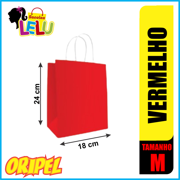 SACOLA PAPEL VERMELHO 18X9X24CM LELU SACOLAS 10 UN