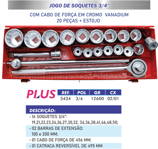 JOGO C/21 SOQUETE 3/4" CRV PLUS