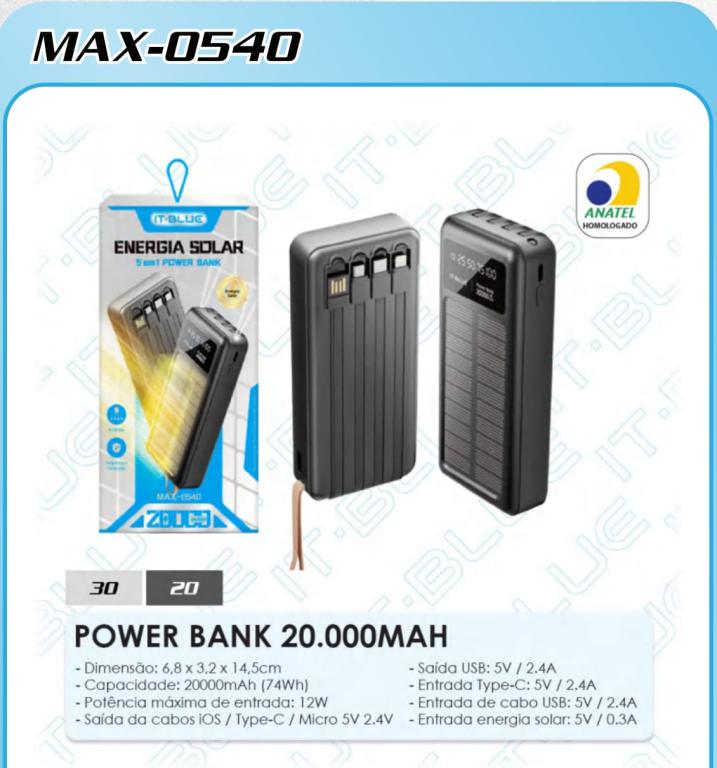 POWER BANK 20.000MAH C/ PLACA SOLAR MAX-0540