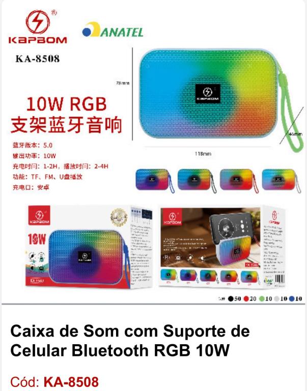 CAIXA DE SOM C/ SUPORTE DE CELULAR BLUETOOTH RGB 10W KA-8508