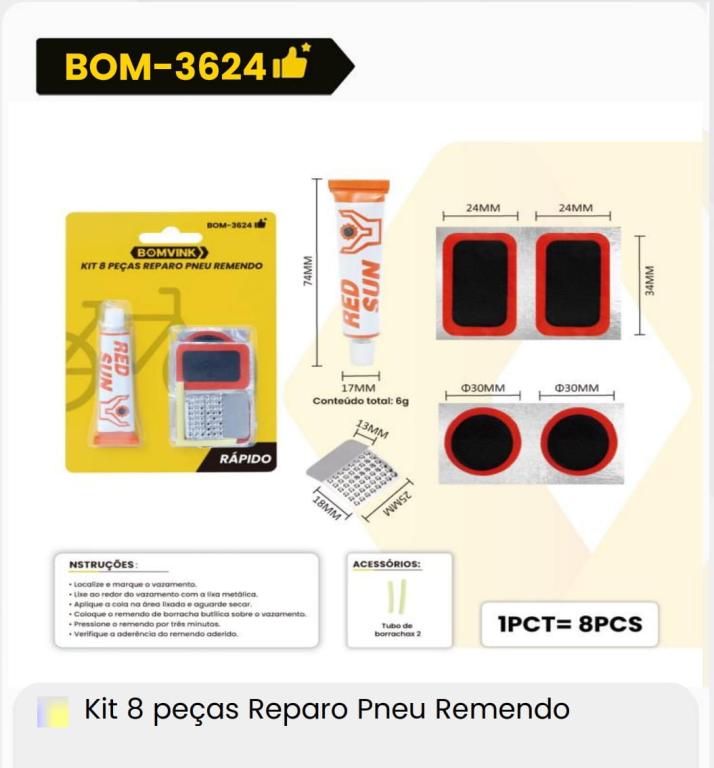 KIT C/ 8 PÇ REPARO PNEU REMENDO BOM-3624