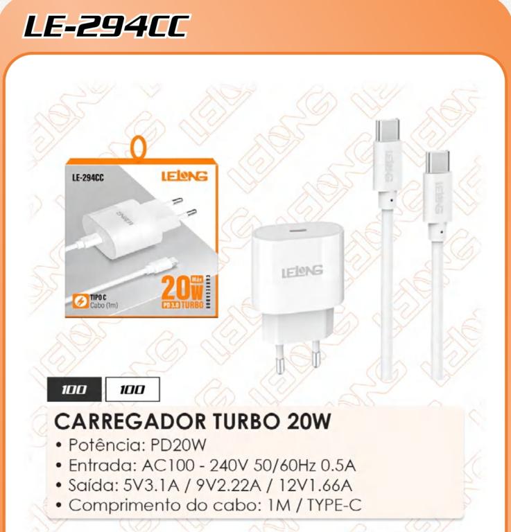 CARREGADOR TURBO 20W TYPE CC LE-294CC ( SOMENTE BRANCO)