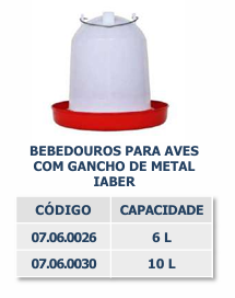 BEBEDOURO PARA AVES COM GANCHO DE METAL IABER 6L