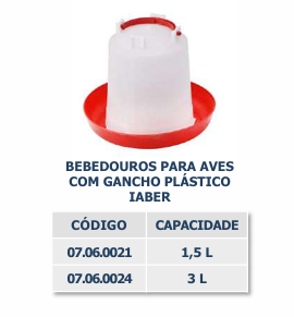 BEBEDOUROS PARA AVES COM GANCHO PLÁSTICO IABER 1,5L