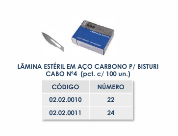 LÂMINA ESTÉRIL N°22 EM AÇO CARBONO P/ BISTURI CABO Nº4