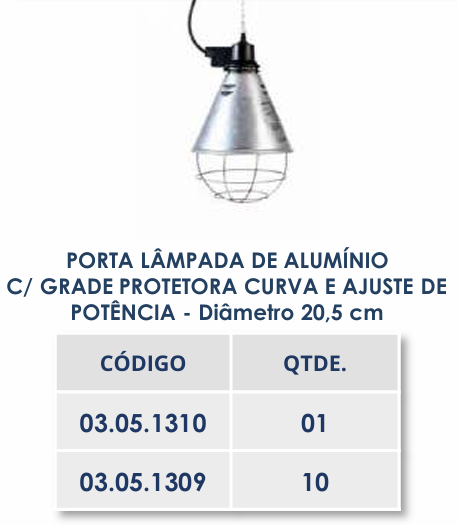 PORTA LÂMPADA DE ALUMÍNIO PARA LÂMPADA INFRAVERMELHA COM GRADE PROTETORA E CORRENTE COM REGULAGEM ATE 2,5 M