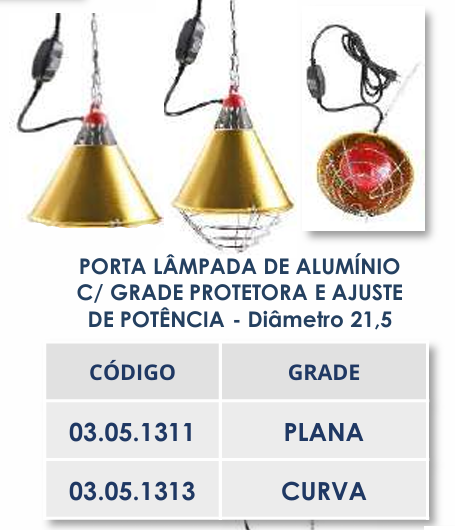 PORTA LÂMPADA DE ALUMINIO AMARELO C/ GRADE PROTETORA E GRADE PLANA C/ AJUSTE DE POTENCIA NO FIO - DIAMETRO 21,5 CM