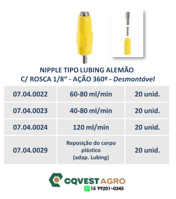 NIPPLE INOX TIPO LUBING ALEMÃOC/ ROSCA 1/8” - AÇÃO 360º – Desmontável - 40-80ml/min