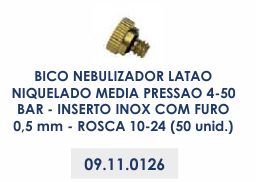 BICO NEBULIZADOR LATAO NIQUELADO MEDIA PRESSAO 4-50 BAR - INSERTO INOX COM FURO 0,5 mm - ROSCA 10-24