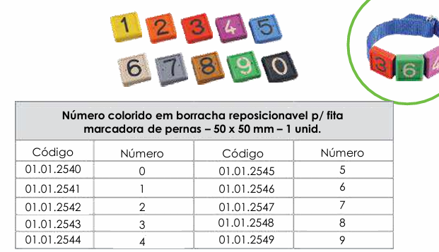 NÚMERO COLORIDO EM BORRACHA REPOSICIONÁVEL PARA FITA MARCADORA DE PERNAS - 50x50mm