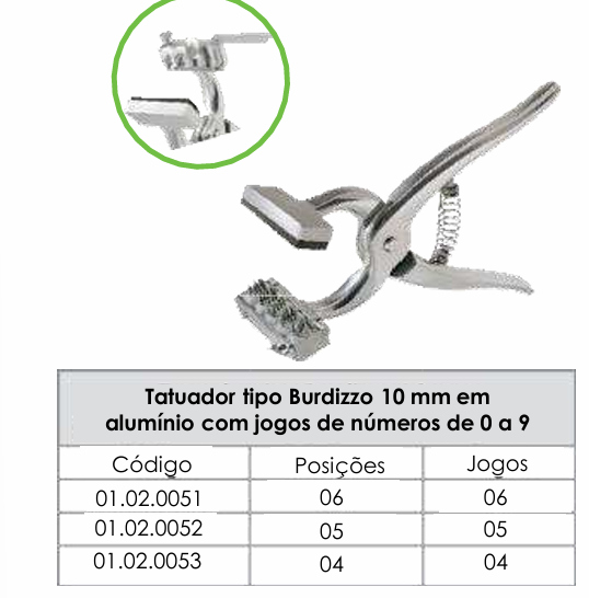 TATUADOR TIPO BURDIZZO - 10mm - EM ALUMÍNIO COM JOGOS DE NÚMEROS DE 0 A 9 - 4 POSIÇÕES - 4 JOGOS