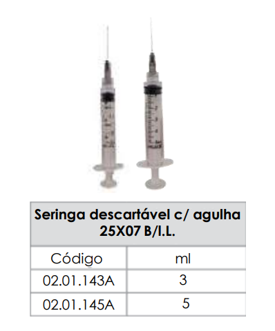 SERINGA DESCARTÁVEL COM AGULHA - 24x07 - B/I.L. - 5ml