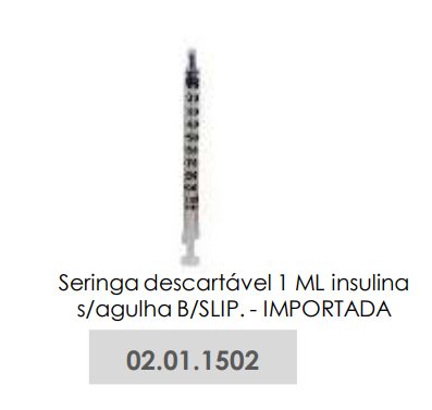 SERINGA DESCARTÁVEL 1ml INSULINA - SEM AGULHA - B/SLIP - IMPORTADA