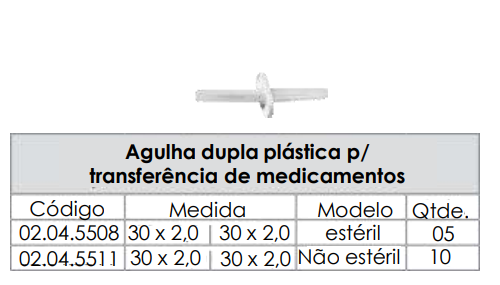 AGULHA DUPLA PLÁSTICA PARA TRANSFERÊNCIA DE MEDICAMENTOS - 30x2,0 / 30x2,0 - ESTÉRIL