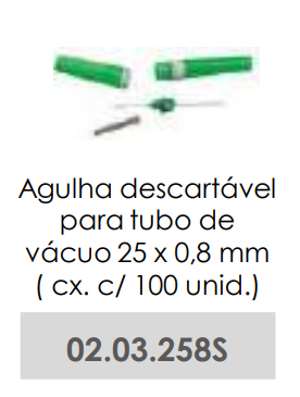 AGULHA DESCARTÁVEL PARA TUBO DE VÁCUO - 25x0,8 mm