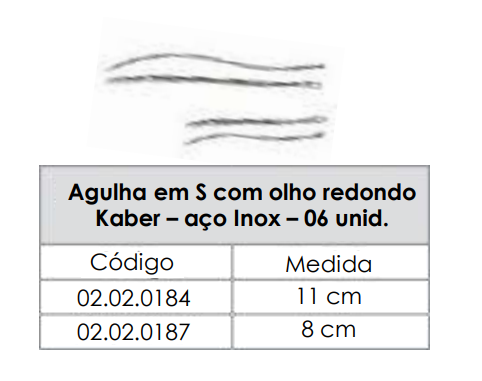 AGULHA EM S COM OLHO REDONDO KABER - AÇO INOX - 8cm